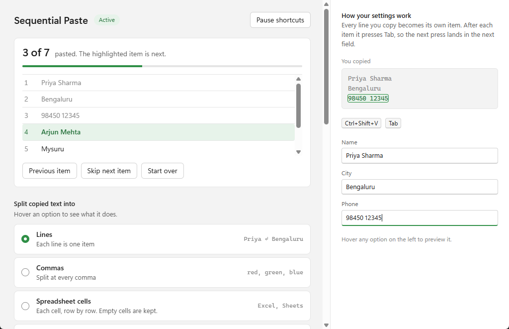 Sequential Paste desktop utility interface